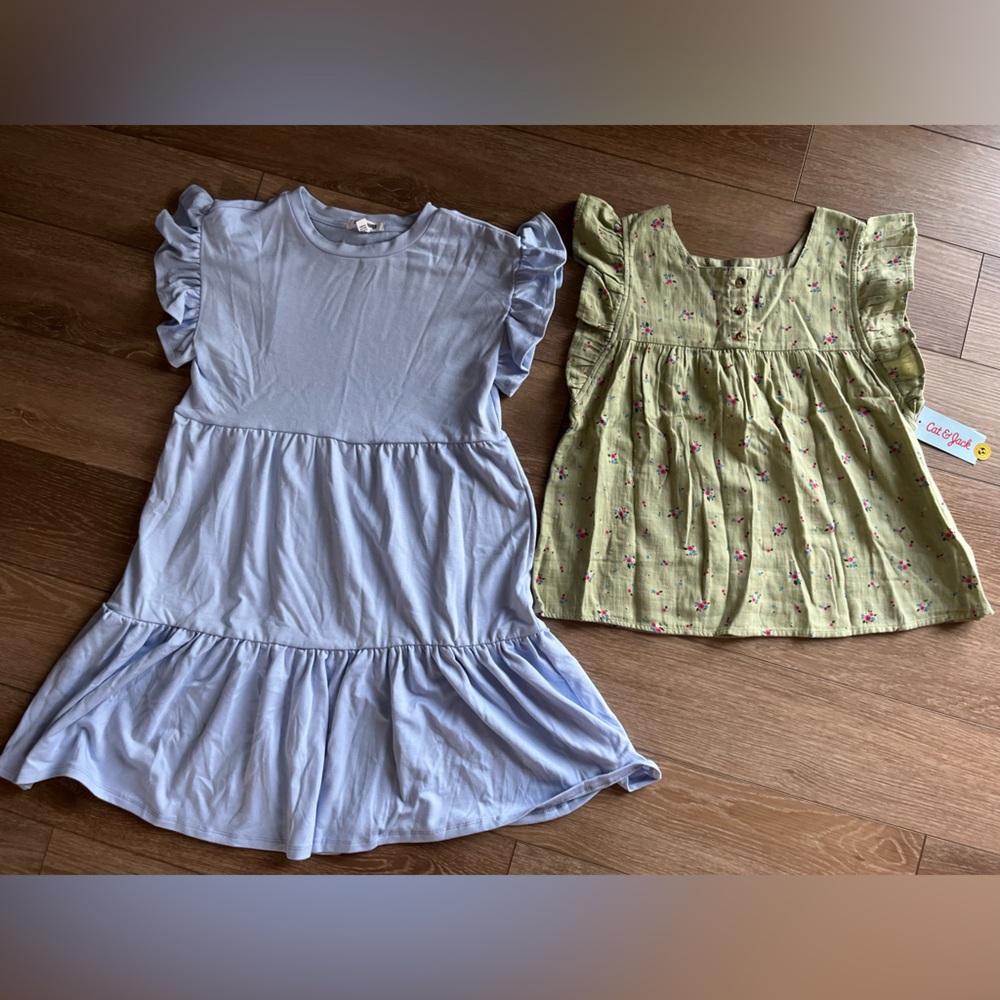 NWT Girl's green floral ruffle top S XL14 & NWOT blue ruffle dress S L14/16 lot